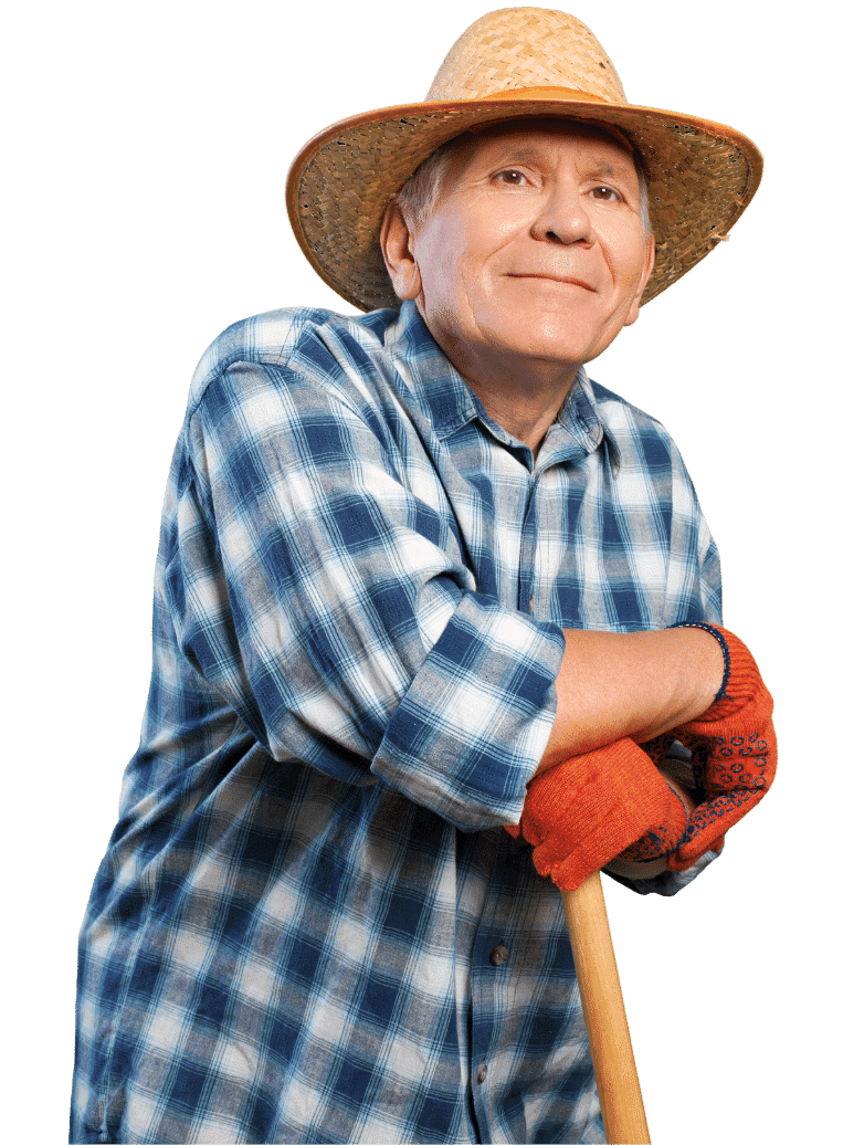 Farmer wearing his brimmer hat and leaning on his long-handle spade.
