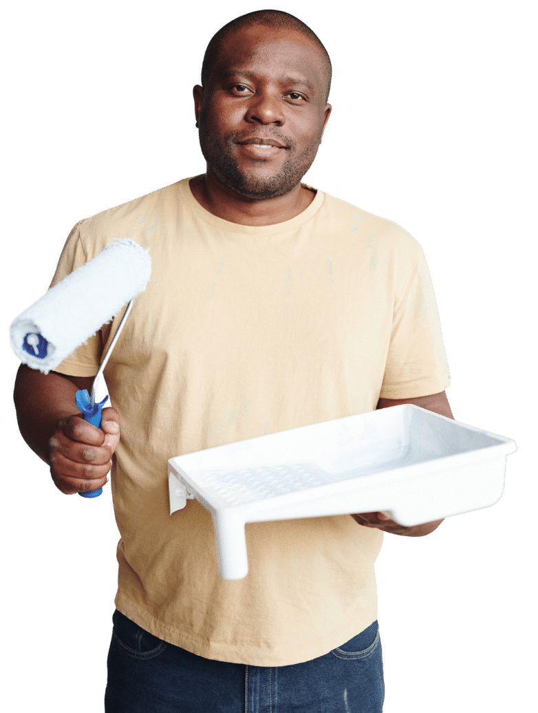 Painter holding a paint roller and paint tray.